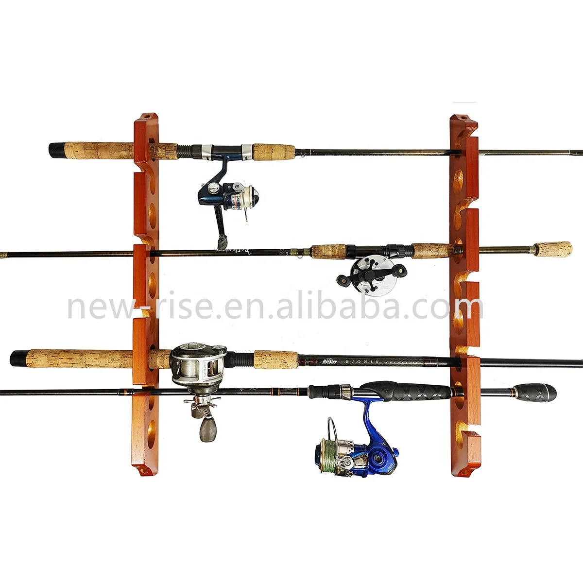 9 Rods Display Rack Fishing Tackle Rack Wall Mount Wooden Fishing Rod Storage Rack