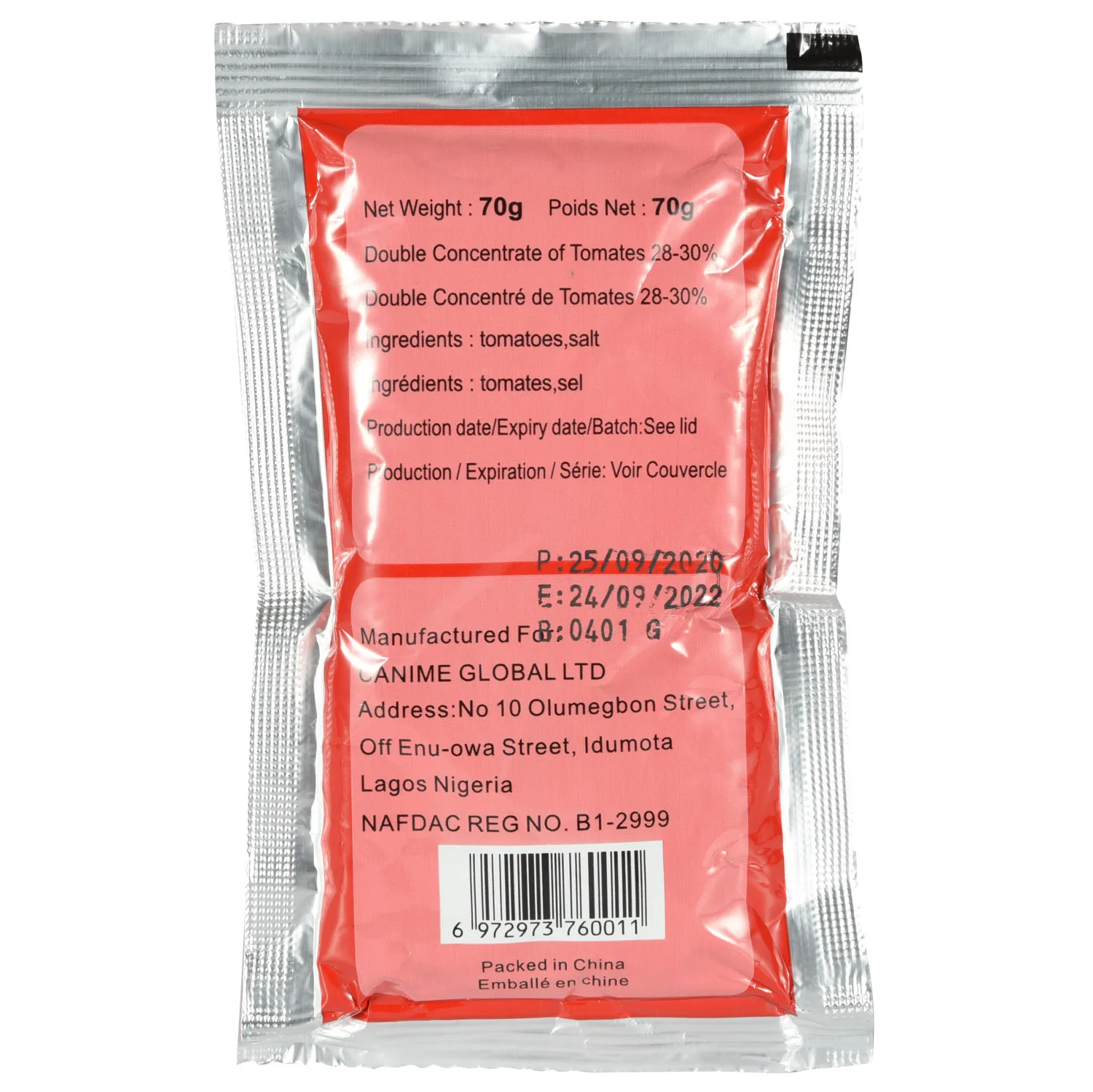 tomato sauce sachet packing 56g x25x4/CTN