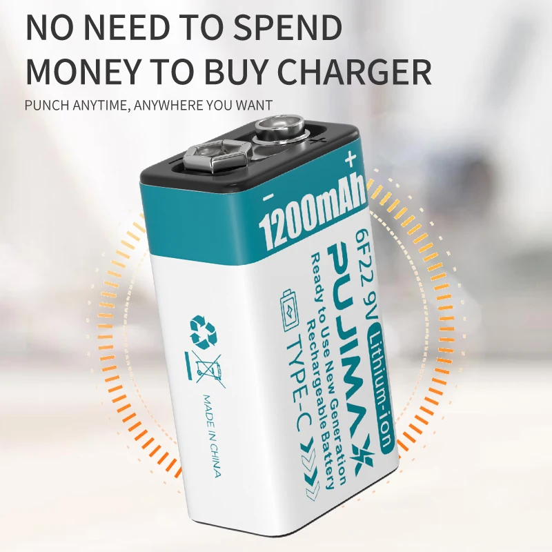 PUJIMAX 1pcs 9V rechargeable battery type c 6f22 9v lithium battery 1200mah usb c li ion batteries 9v type-c charging