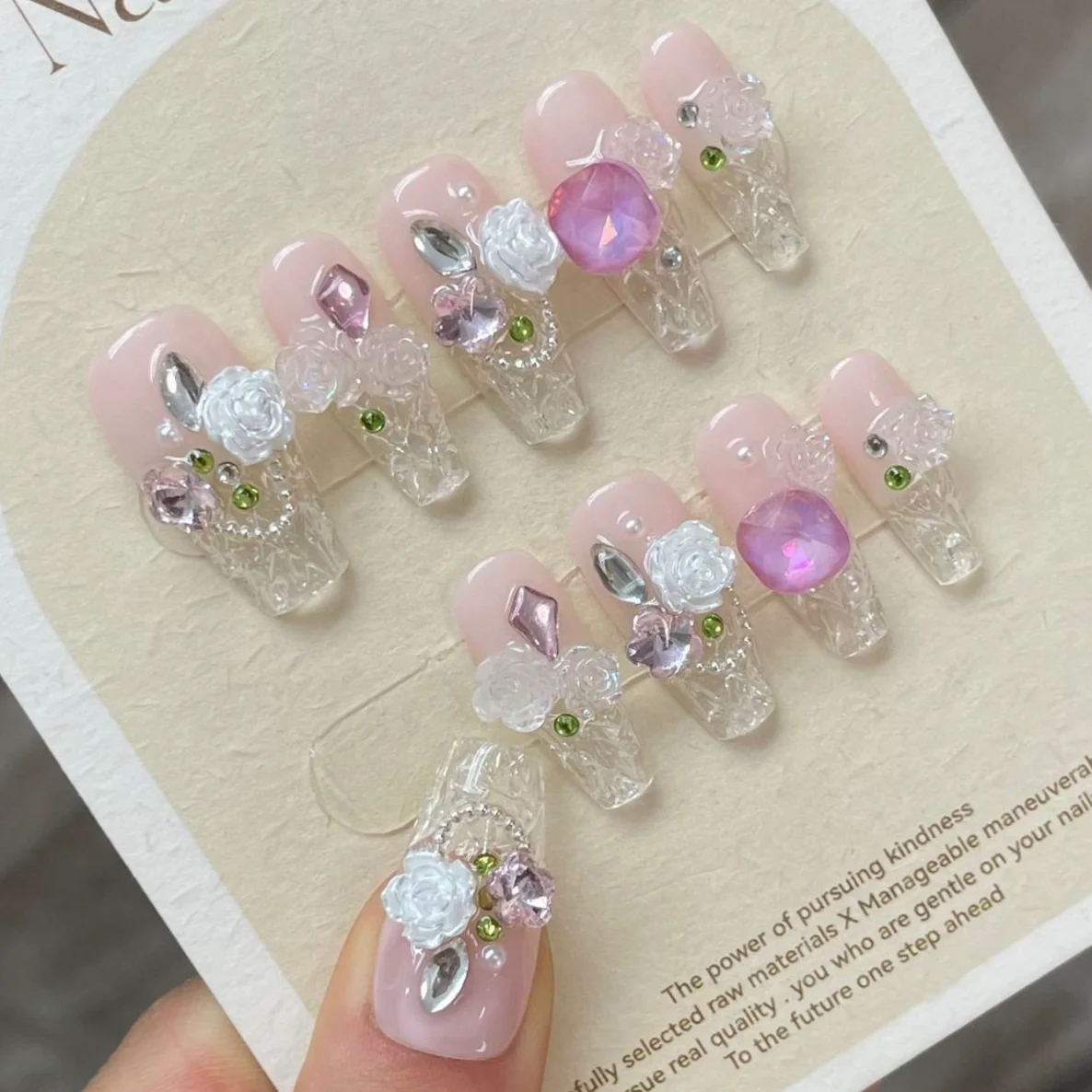 Wholesale Handmade 3d Flower Decoration French Full Cover Artificial Fake False Bling Girl Press On Nails Medium Length Products