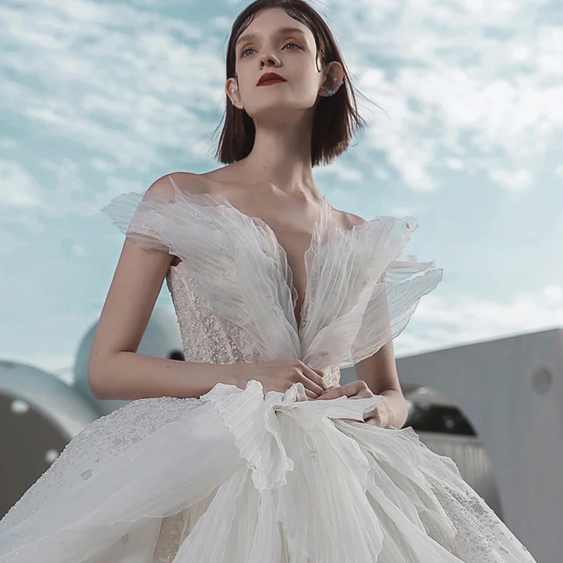 Ruolai PWD-H1224 Luxury Plus Size Wedding Dresses for Bride off Shoulder With Beads Ball Gown Wedding Dress