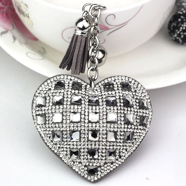 Hot Selling Fashion Korean Velvet Glass Rhinestone Bling Sparkling Peach Heart Keychain For Car Keys