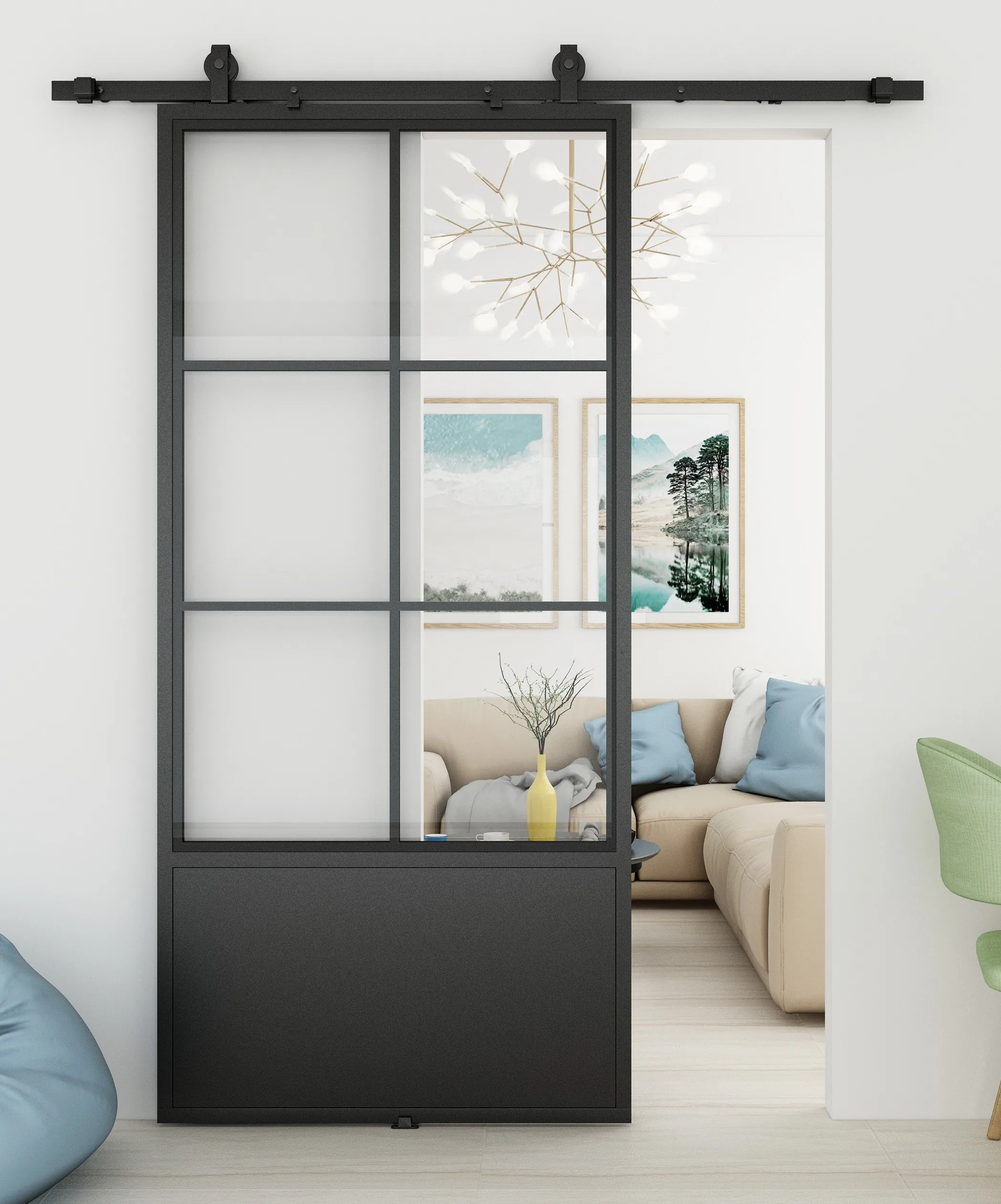 Interior Partition 3 Lites&Base Black Steel Frame Clear Glass Sliding Barn Door with Door Hardware