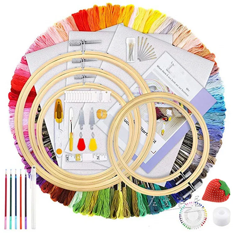 Hot Selling Hand Embroidery Starter Kit Cross Stitch Tools Set with 100 Colors Threads and Bamboo Embroidery Hoops