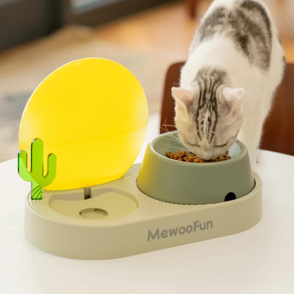 pet cat double bowls food water feeder with auto water dispenser dog cat food bowl drinking raised stand dish three bowls