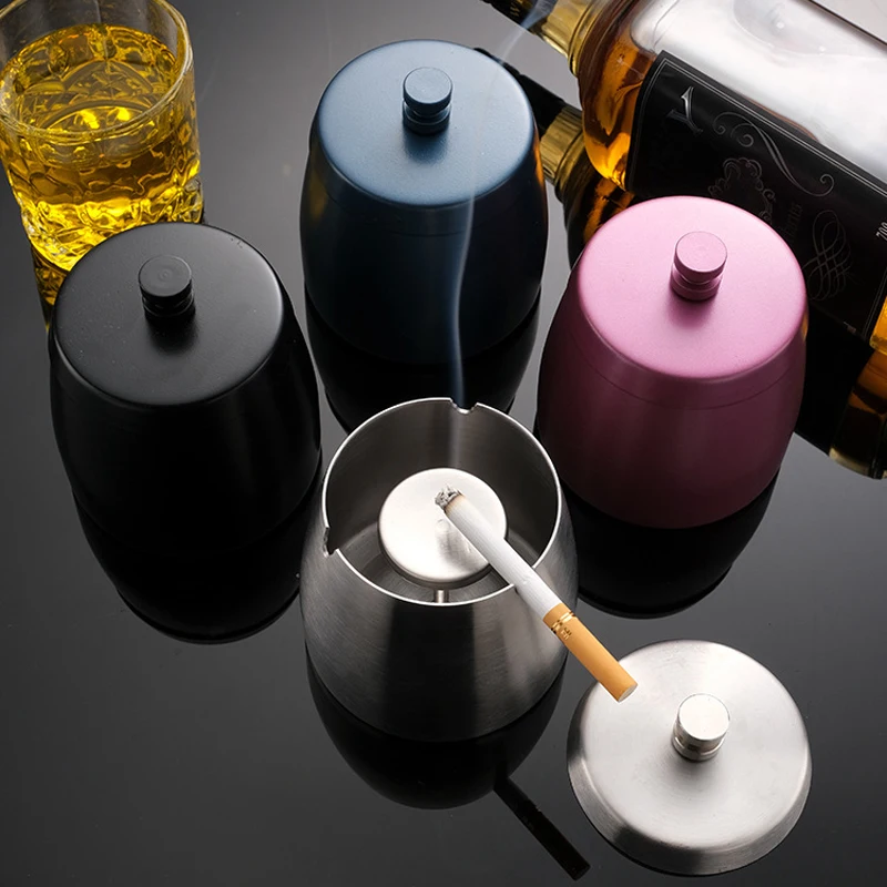 Home Office Hotel Tabletop Use Custom Stainless Steel Windproof Ashtray With Lid For Cigarette