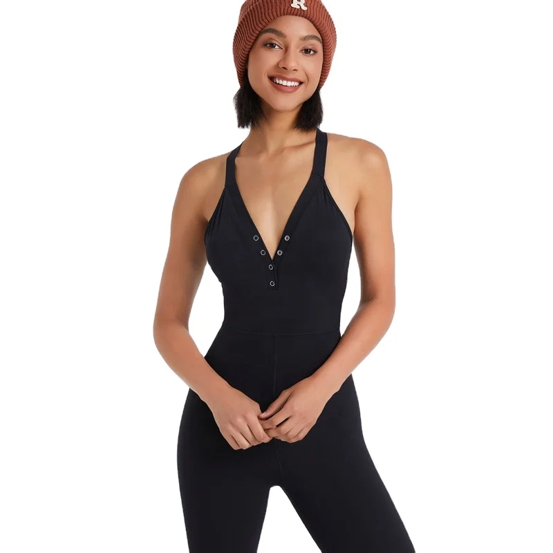 MEISU Women V Neck Sexy Yoga Fitness Jumpsuit Custom Front Button One-Piece Sportswear