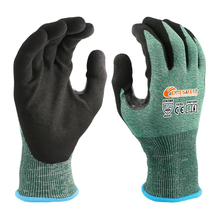 ENTE SAFETY Western style 18G cut resistant F nitrile sandy palm coated safety gloves with crotch patch anti cut work gloves