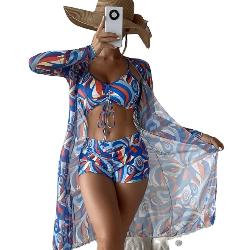 New arrivals Sexy 3 piece Bikini Set Long Sleeve Floral Print swimwear women 2022 sexy see-through bikini swimwear  for kids