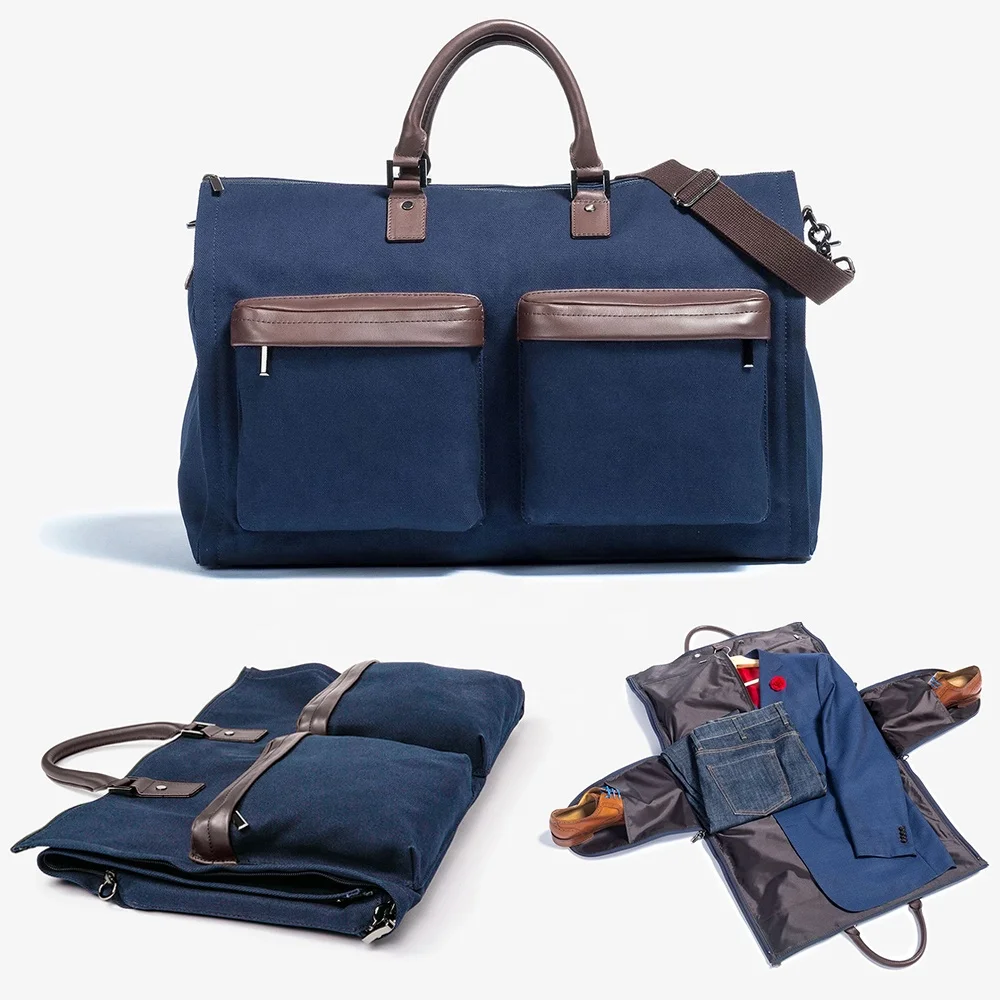 Custom Logo Waterproof Canvas Luxury Garment Leather Bags Leather Garment Duffel Bag For Mens