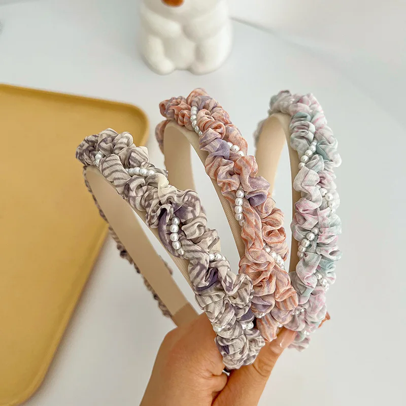 CLARMER Summer new design sweet mix color pearl twine women hair accessory handmade custom pleated headband