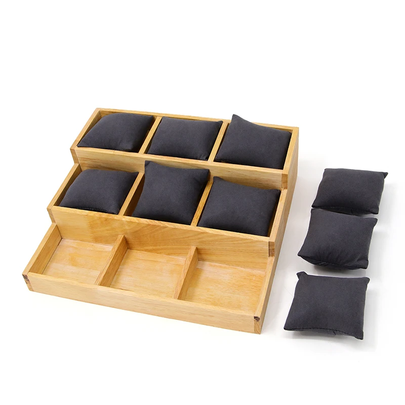 Wholesale hot sale watch bracelet display props beige solid wood 3-layer 9-position pillow tray