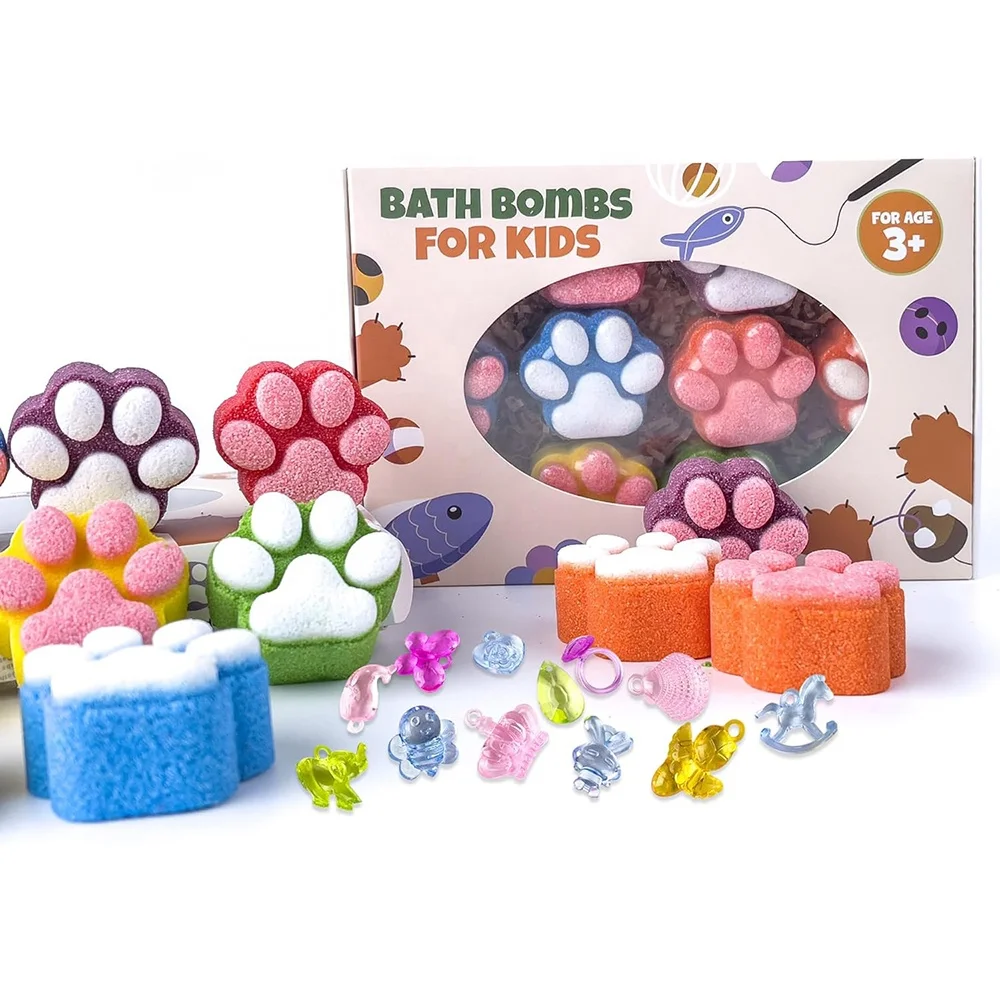 12 Pcs Colorful Handmade Natural Bath Ball Paw Bath Bomb for Kids with Surprise Toys Inside