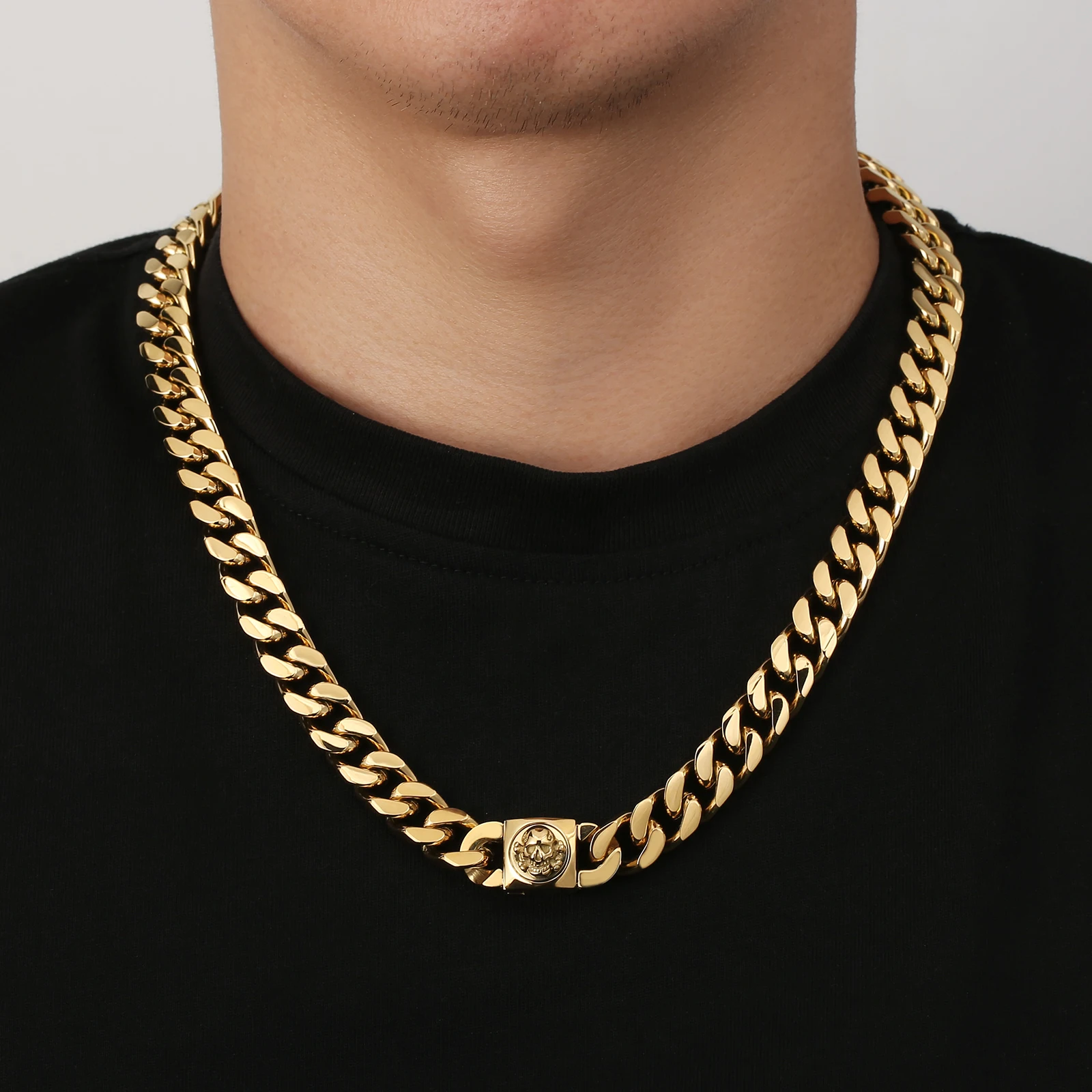 Newest Skeleton Button Clasp Street Rapper Hip Hop Cuban Link Chain 18K Real Gold Filled Rock Jewelry Skull Head Necklace Men