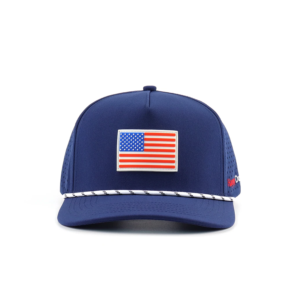 Wholesale 5 Panel Mid Profile Perforated Hat Custom US Flag Rubber Patch Embroidery Logo Rope Design Moisture Wicking Golf Hat