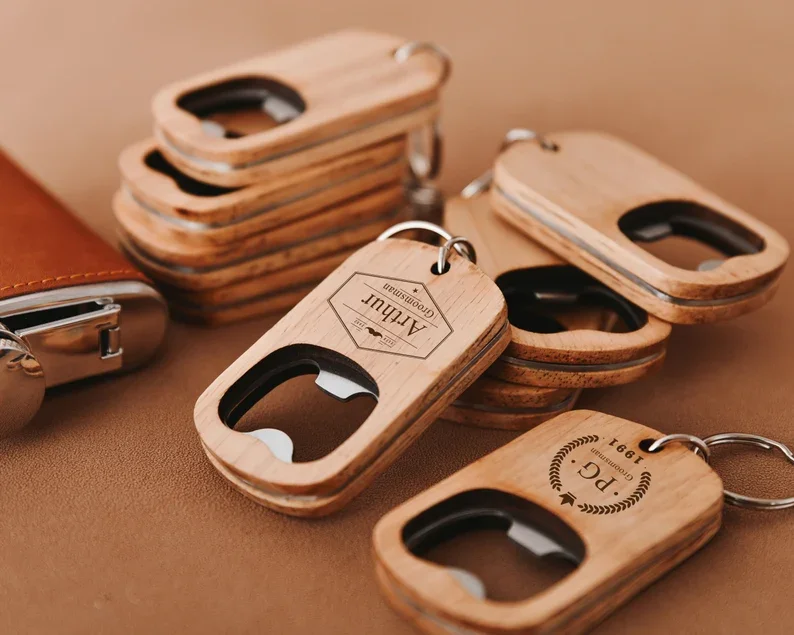 Custom Engraved Wood Keychain Bottle Opener Personalized Logo Keychain Gift
