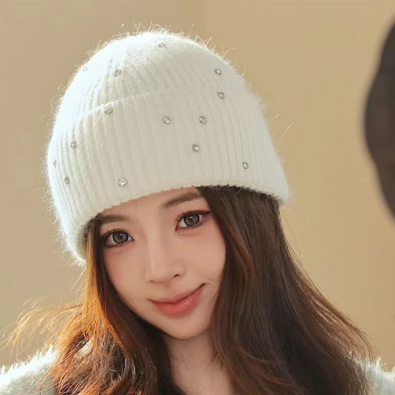 Female winter South Korea new gentle fairy rabbit hair knitted hat thick warm hat small fragrance light luxury diamond hat