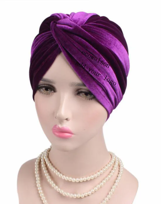 ecowalson  Fashion Casual Stretch Velvet Headwrap Turban Hat Women Muslim Chemo Cap Vintage Female Beanies Bonnet femme