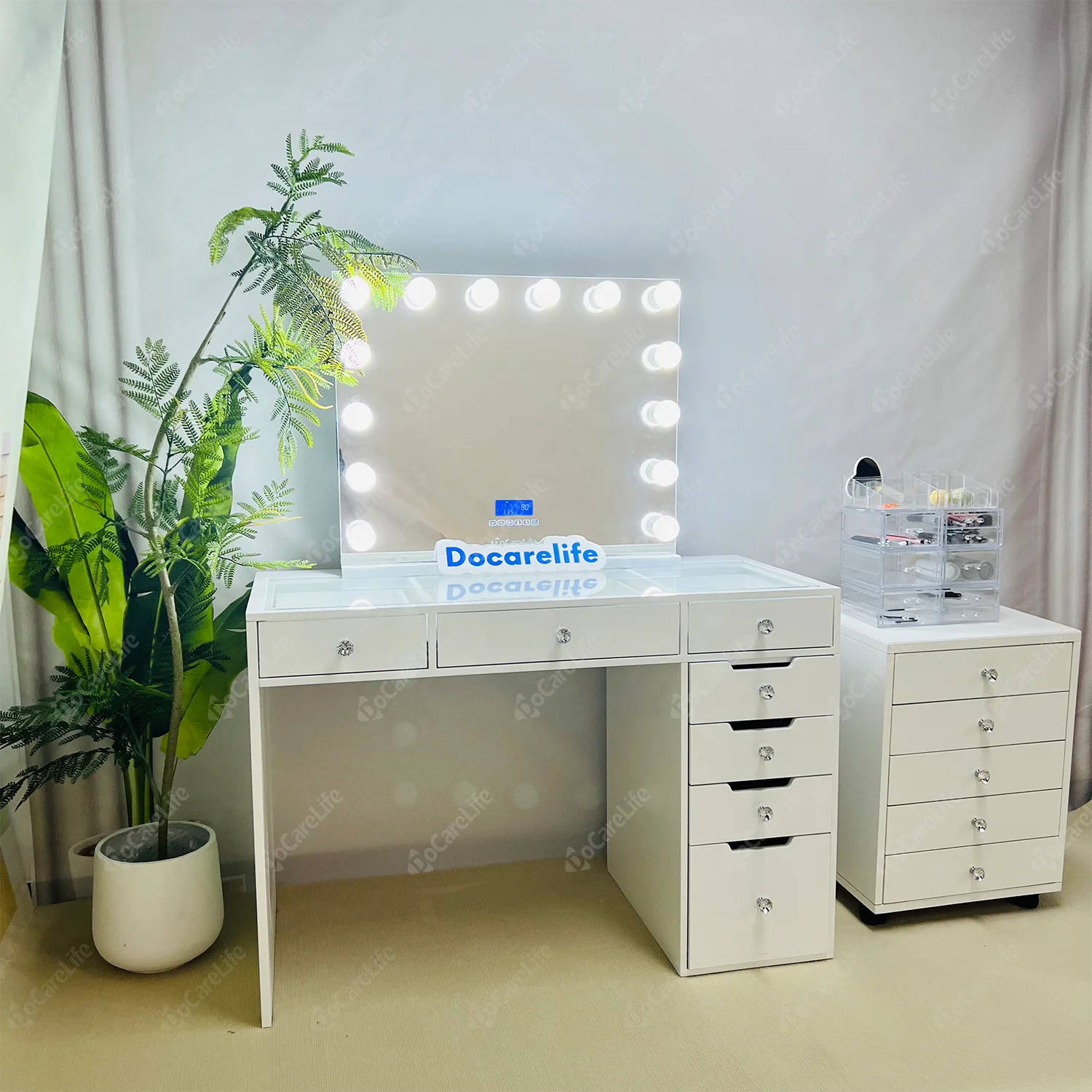 Stock on USA! Docarelife Hollywood professional MDF WOOD GLASS Makeup Table Set with Lighted Mirror