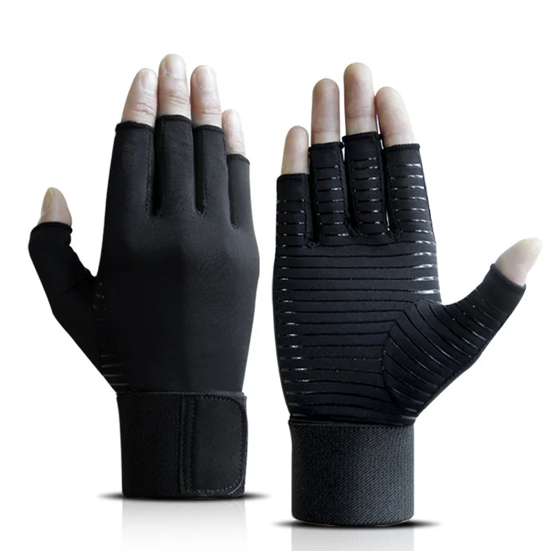 Half finger  copper compression arthritis safety gloves with strap