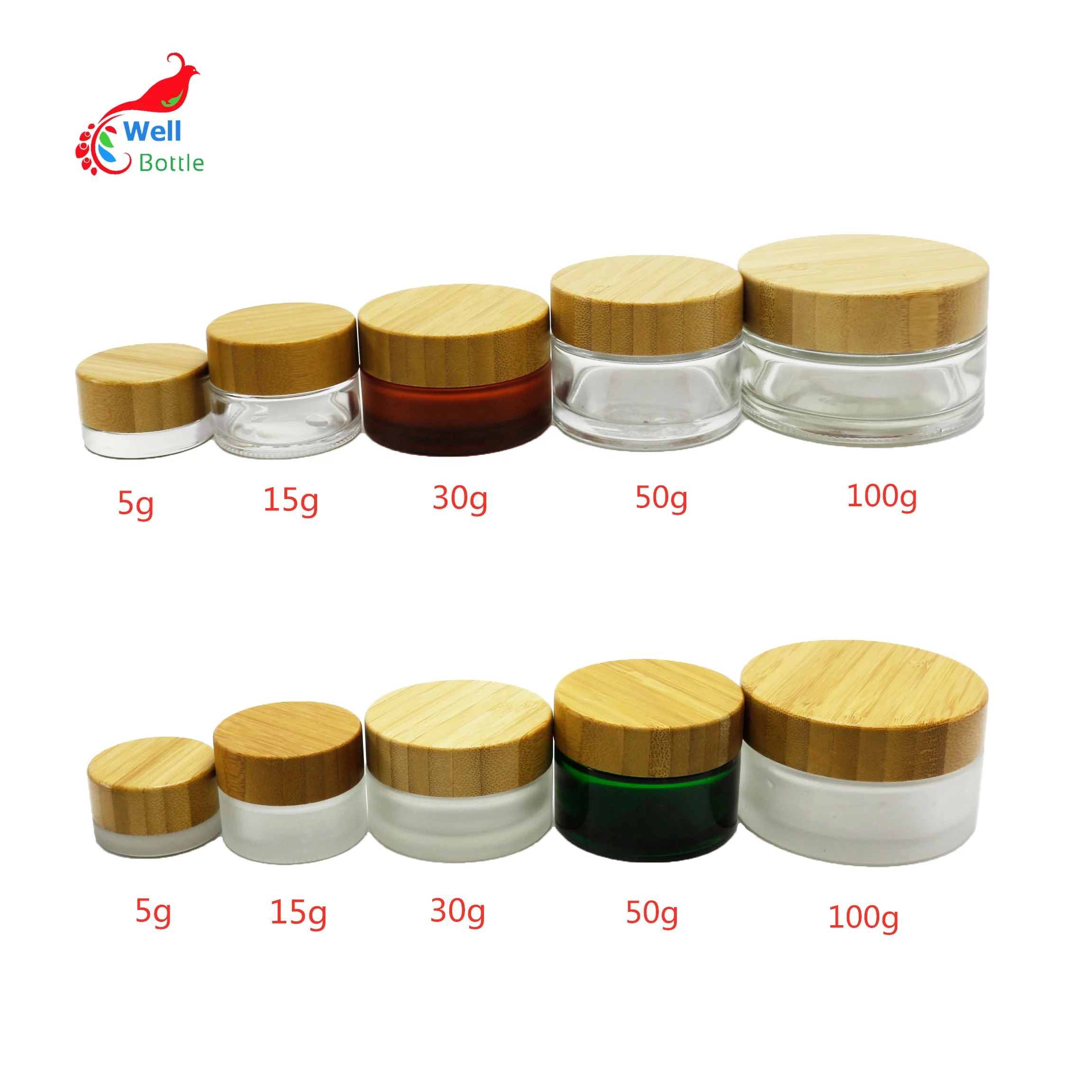 5 г 15 30 50 100g прозрачный зеленый Янтарная Косметическая матовые стеклянные банки бамбуковая упаковка с бамбуковой крышкой