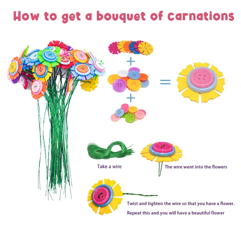 DIY Bouquets Craft Kits for Kids Art and Craft Make Your Own Button Felt Flowers Fun Vase Craft Project Toys