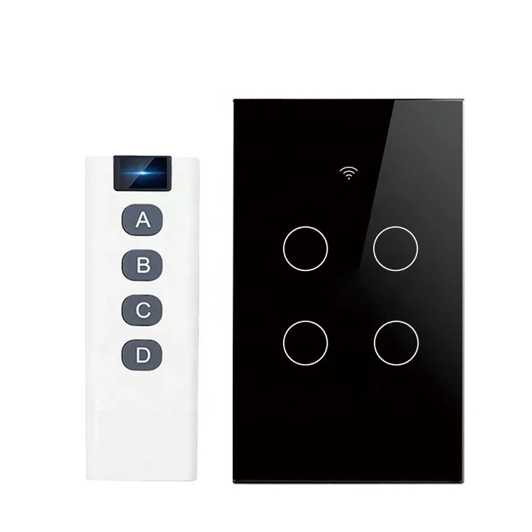 Tuya Smart Switch 4 Gang Remote Control Light Switch Touch Screen Glass Panel WiFi with RF Remote Control Function Smart Switch