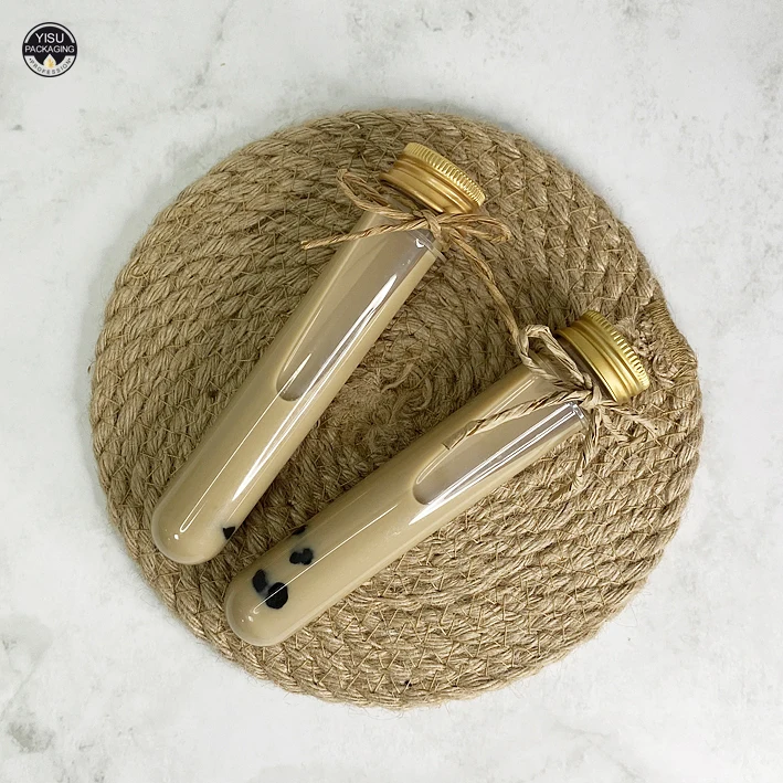 Straight Round Boba Tea Bottle Milk Tea Tall Tube Shape Juice Bottle Custom lOGO with Aluminum Cap PET Bubble Bottle