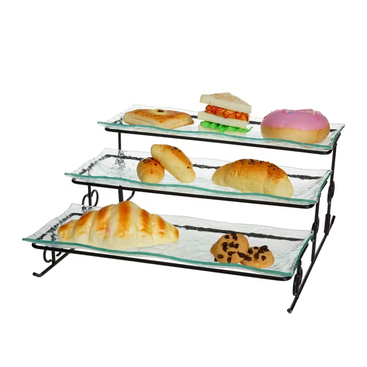 3pcs popular glass serving tray with metal rack