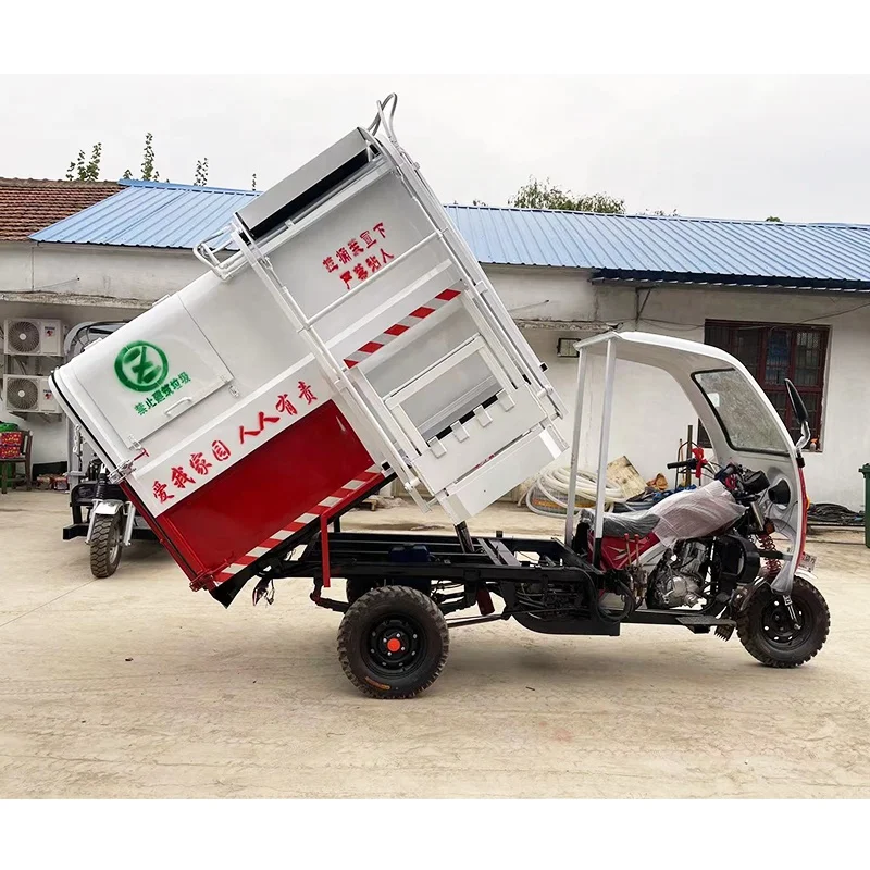 Stainless steel gasoline three-wheel garbage truck small sanitation garbage can lifting truck