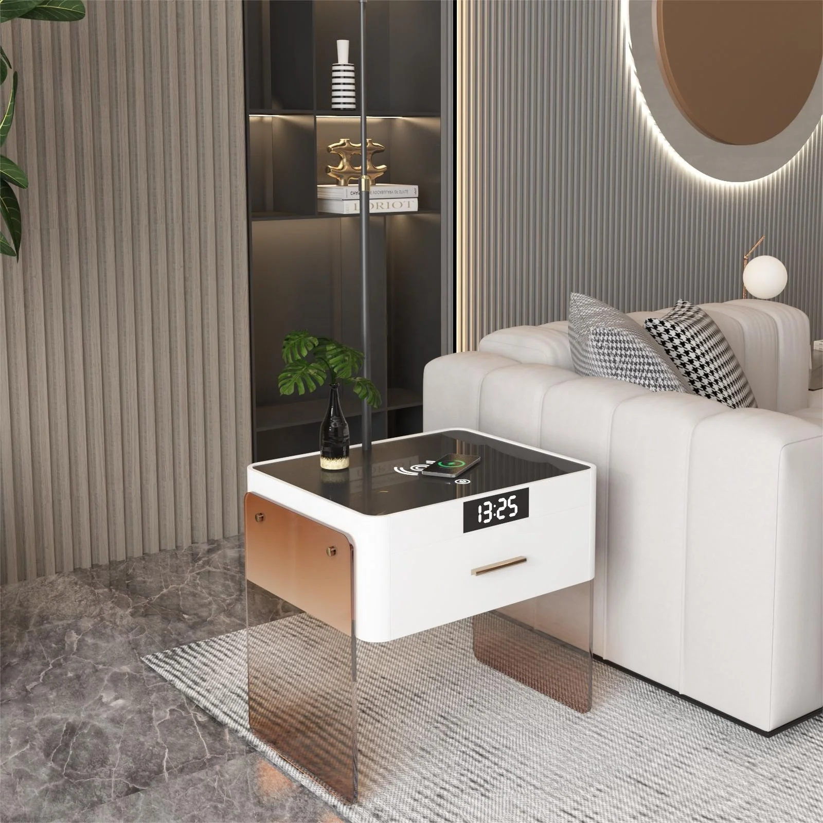 VASAGLE luxury multifunctional smart bedside table with  digital tube clock wireless nightstands with three-color led light