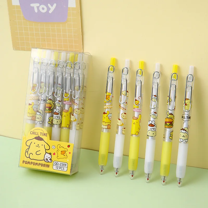 Wholesale 12pcs/box Kawaii Gel Pen Sanrioed pompompurin metal hook press pen cartoon shape signature student Black Pen