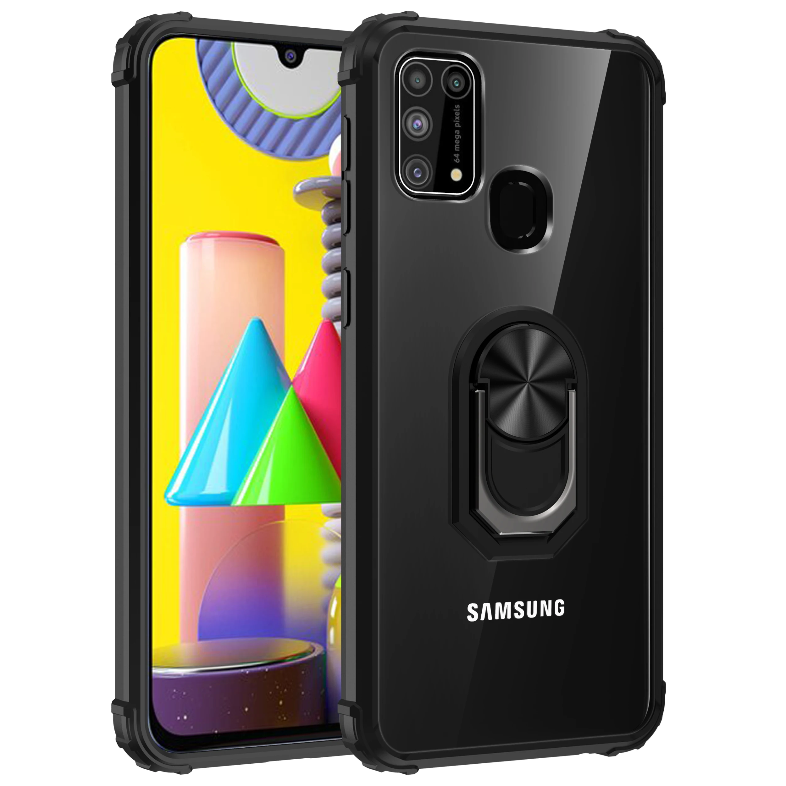 High Clear Acrylic TPU Bumper Kickstand Ring Holder Cell Phone Back Cover Case Shockproof Case For Samsung Galaxy M21 M31