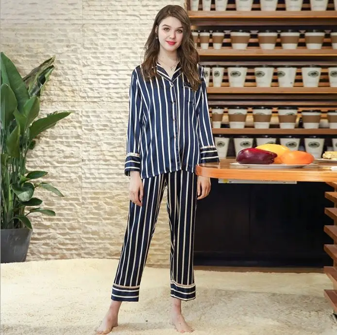 
Wholesale Custom Made Lady Night Wear Set Printed Woman Silk Satin Striped Pajamas wholesale cotton pajamas 