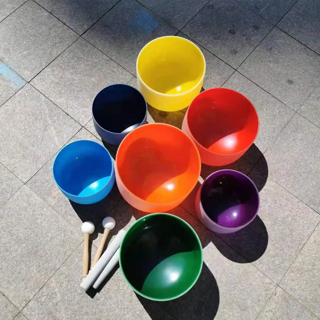 8-14 Inch 7Pcs Chakra Colored Frosted Quartz Crystal Singing Bowls Set Note CDEFGAB With 2PCS Free Bags For Meditation