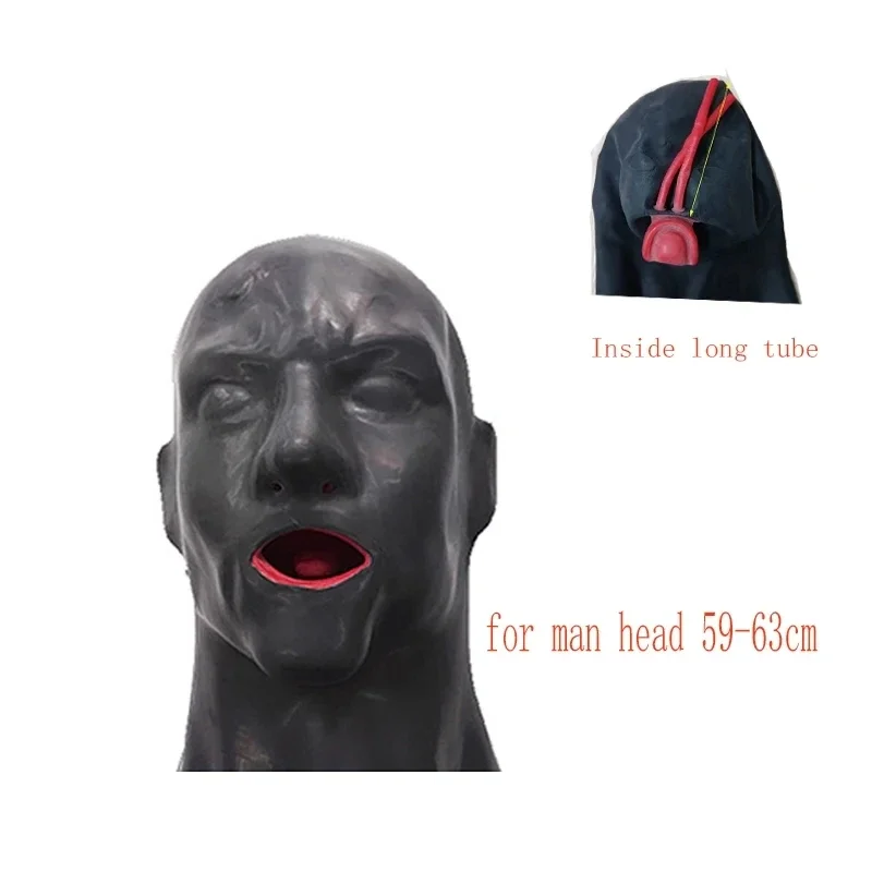 Hot 3D Latex Hood Rubber Mask Closed Eyes Fetish Hood with Red Mouth Gag Plug Sheath Tongue Nose Tube Long and Short for Men