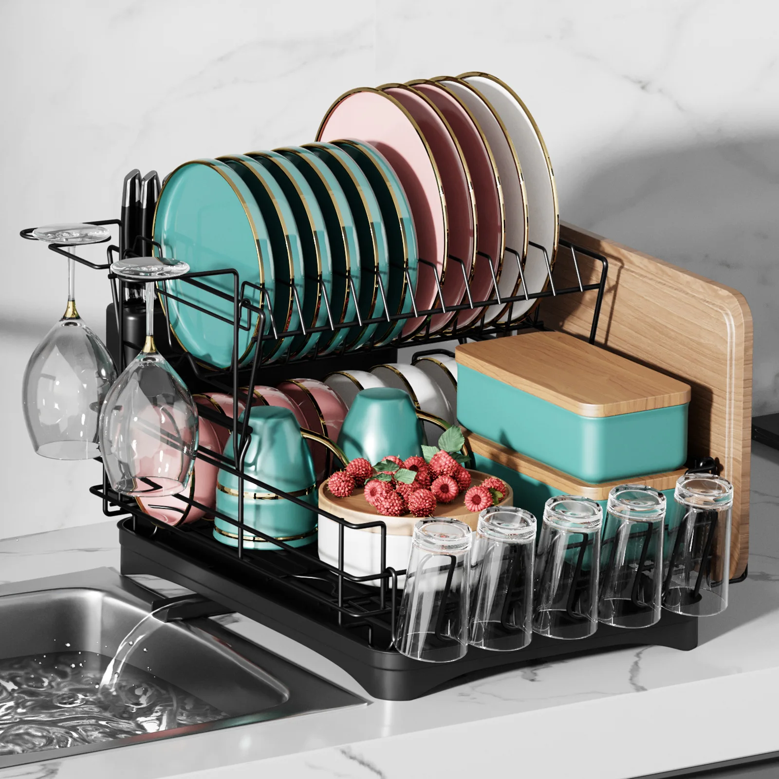Large Over The Counter 3 Layer Dish Rack Green Tray Dish Drying Rack With Swivel Spout 2 Tier Dish Drying Rack Expandable