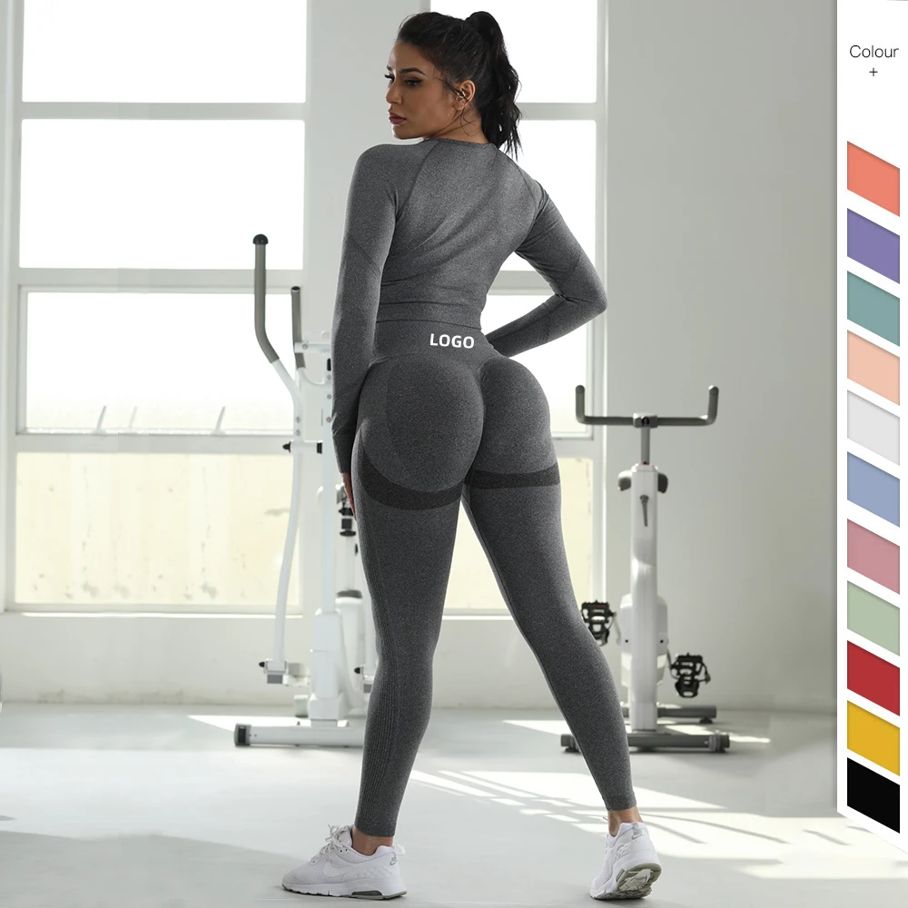 Custom Design Gym Wear Women Yoga Outfit Long Sleeve Crop Top Workout Sports Seamless Scrunch Butt  Leggings  Yoga Sets