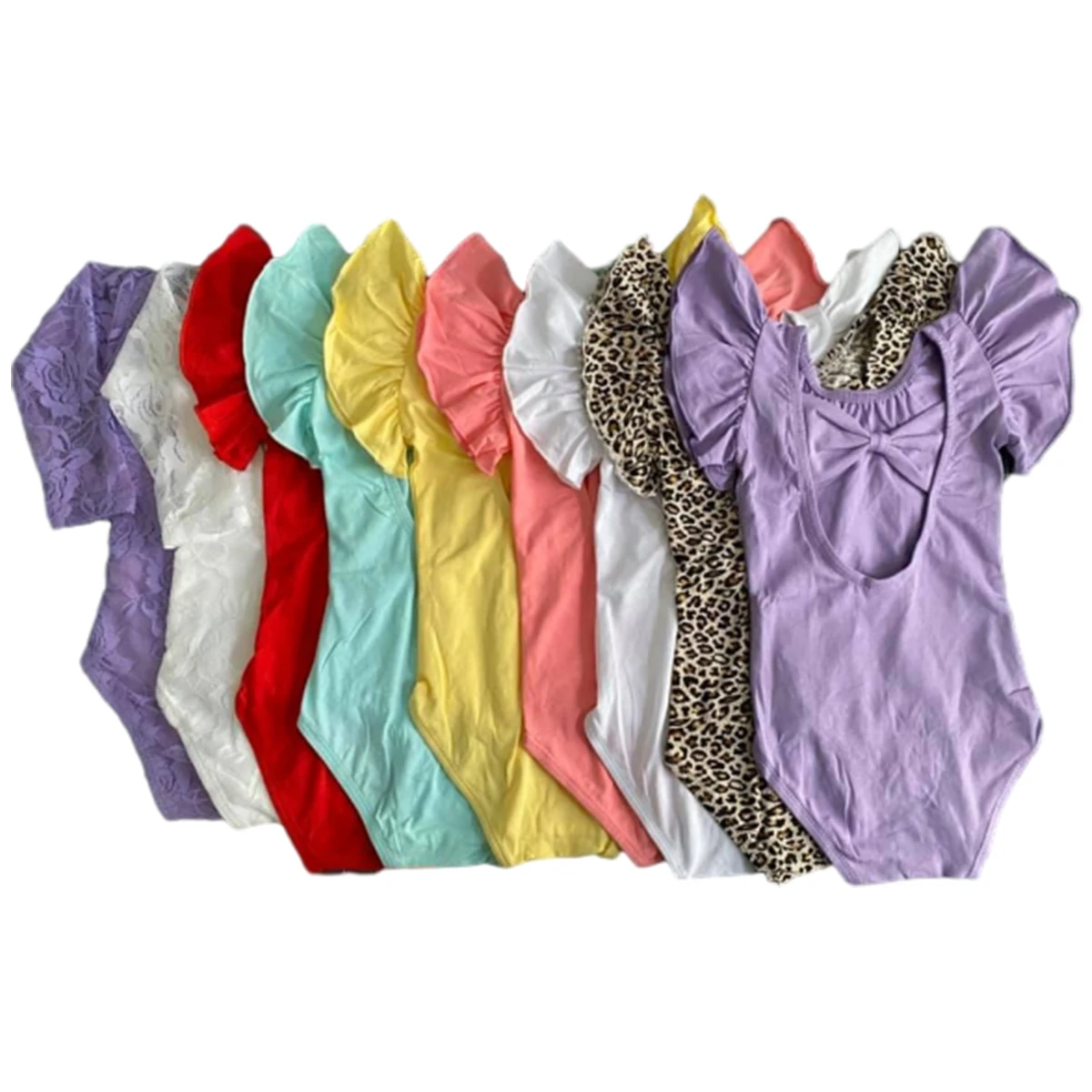 Custom Summer Toddlers Kids Ballet Dancewear Leotards Romper Cotton Baby Girl Flutter Sleeve Bow Back Leotard