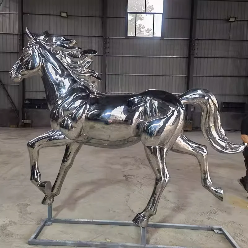 Custom Galloping Animal Polished Stainless Steel Statues Large Metal Garden Statues Life Size Metal Winged Horse Sculptures