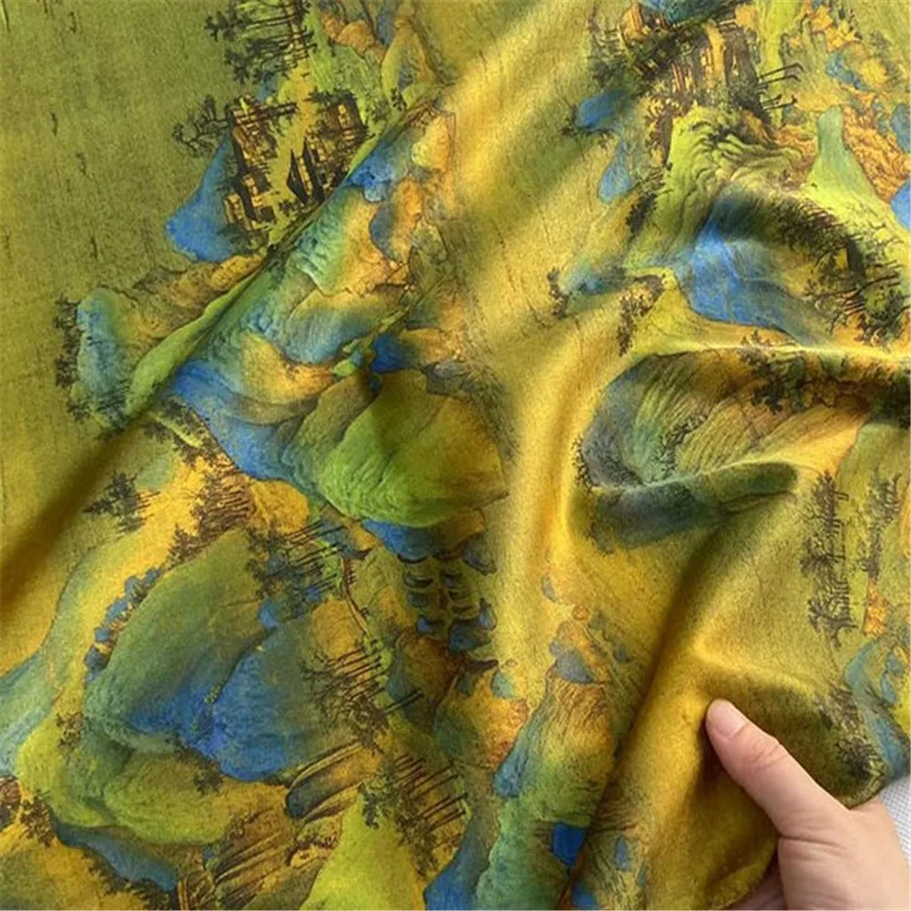 2024 Vintage Chinese Landscape Painting Printed Style Spandex Silk Stretch Satin Fabric for Lady Cheongsam