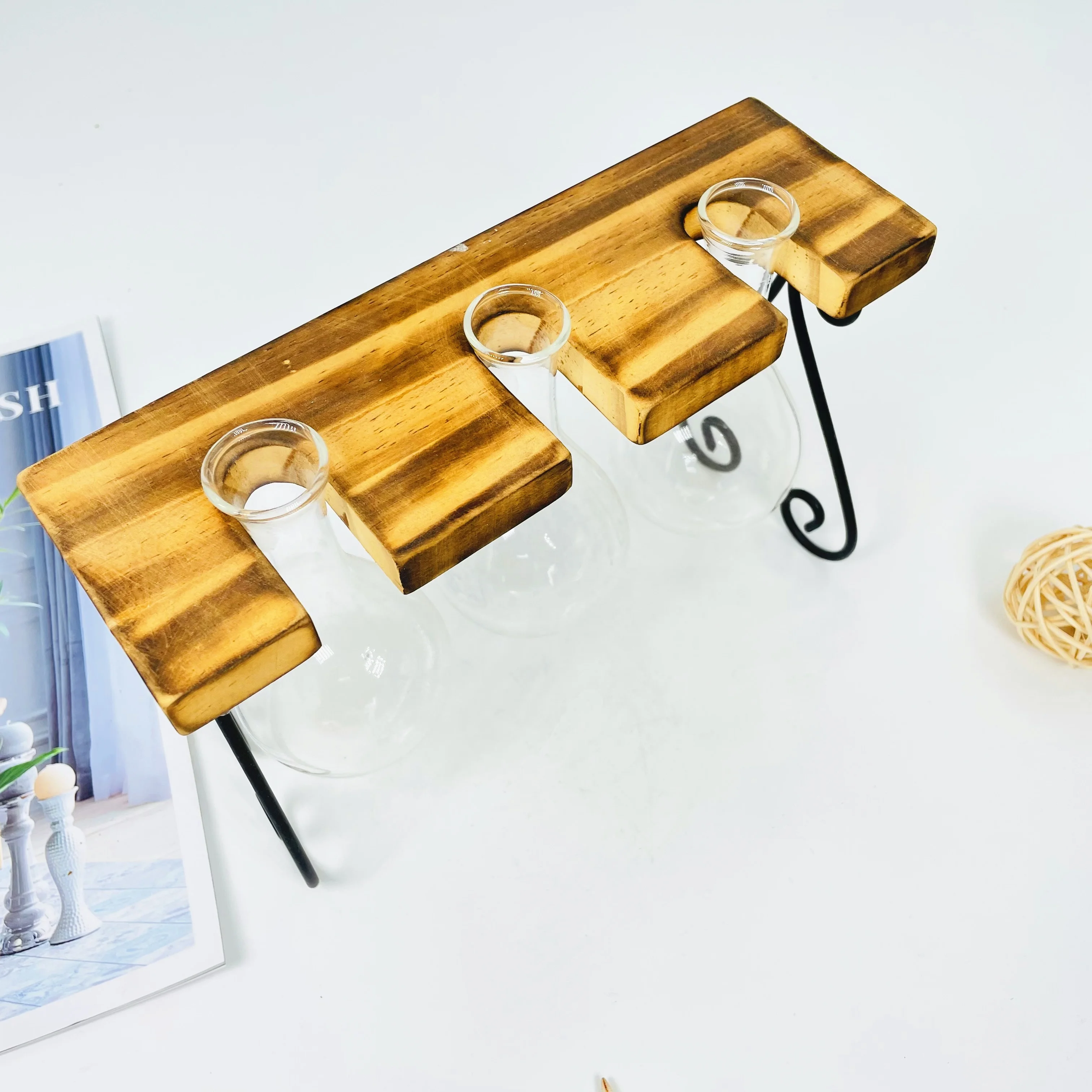 handmade glass hydroponic bottle with Wooden and metal legs for home decoration glass hydroponic vase