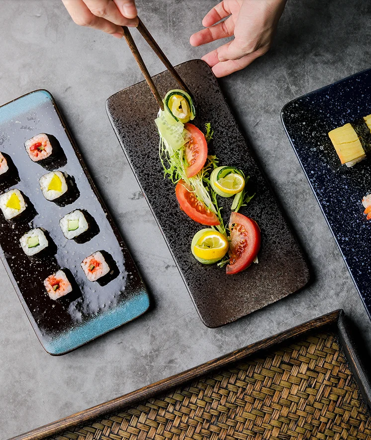 Japanese style rectangle dessert sushi serving ceramic restaurant black tray plates for sale