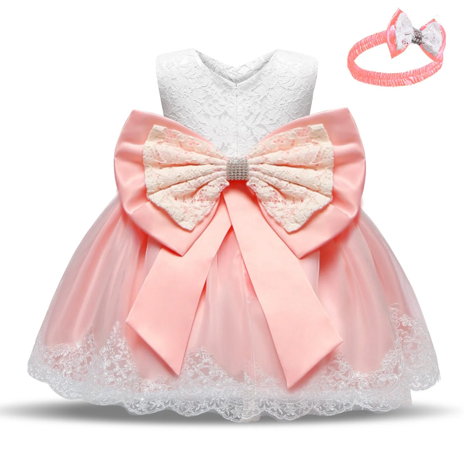 Sleeveless Embroidery Formal Lace Baby Dress Flower Girl Dress With Large Bow