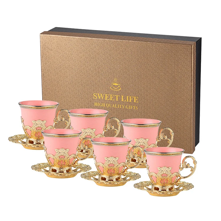 Hot Selling Luxury Porcelain Turkish Cup Set Gold Ceramic Gift Coffee Tea Cup and Saucer Set of 6