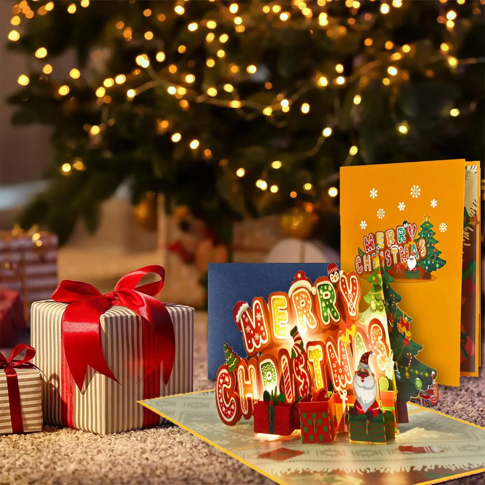 Merry Christmas Pop Up Card with Light and Music Handmade 3D Popup Greeting Cards Gift For Christmas
