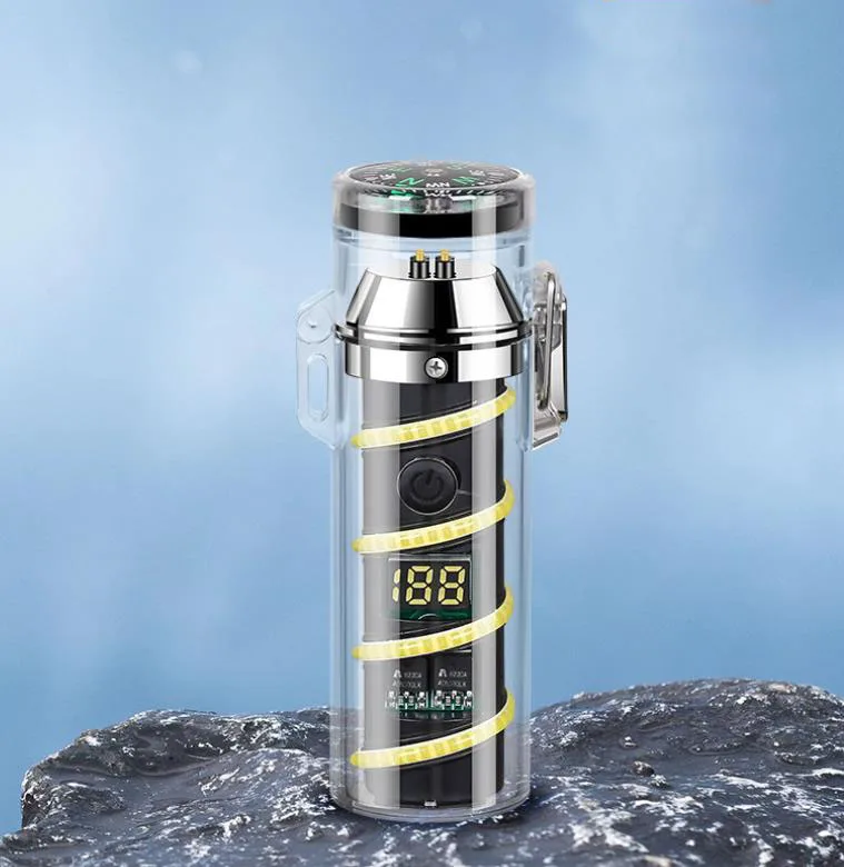 Transparent Shell Flashlight Double Arc Lighter Waterproof Type-C Charging Digital Display Cigarette Torch Lighters