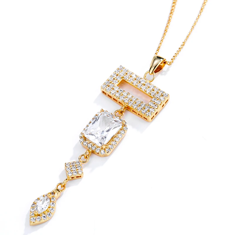 Chinese Factory Wholesale Women Luxury Jewelry AAA cubic zircon drop necklace square zircon necklace Long Pendant Necklace