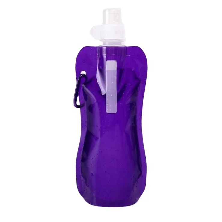 BPA Free Sports Water Bottles Collapsible foldable water bag with Carabiner for Travel Spout Pouch