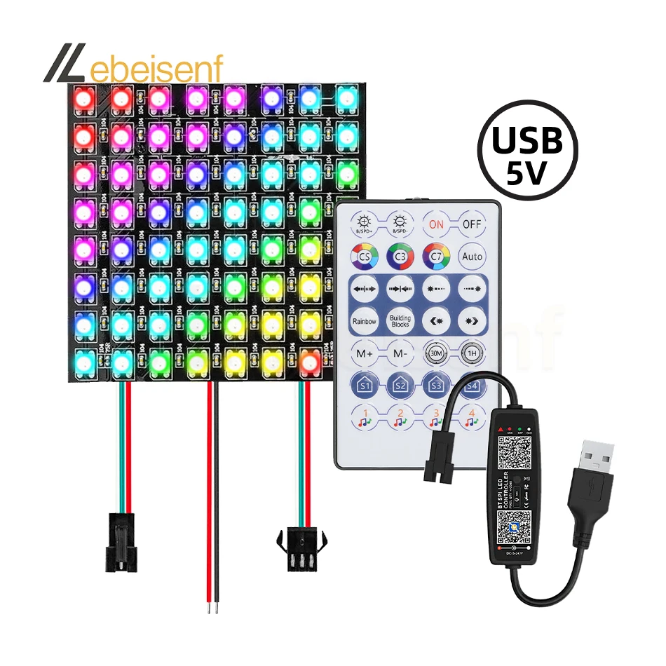 USB 5 В Беспроводная димминг WS2812B RGB гибкая матричная световая плата 24-клавишная RF / BT приложение пульт дистанционного управления прямоугольная Пиксельная Светодиодная лампа панель
